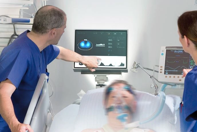 Person zeigt auf die Skala einer Benutzeroberfläche für ein medizinisches Gerät